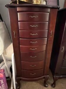 Mahogany-Finish-Drawer-Jewelry-Armoire-with-Ornate-Drawer-Pulls