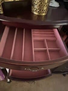 Mahogany-Finish-Drawer-Jewelry-Armoire-with-Ornate-Drawer-Pulls-fourth-image