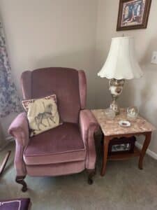 Mauve-Velvet-Wingback-Armchair-with-Carousel-Horse-Pillow