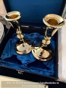 Pair-of-Brass-and-Enamel-Candlesticks-in-Presentation-Box