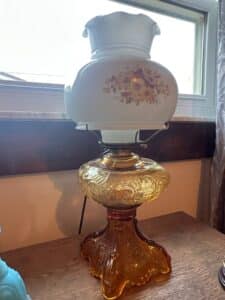 Vintage-Amber-Glass-Gone-With-The-Wind-Style-Hurricane-Lamp-with-Hand-Painted-Floral-Shade