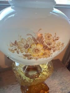 Vintage-Amber-Glass-Gone-With-The-Wind-Style-Hurricane-Lamp-with-Hand-Painted-Floral-Shade-second-image