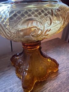 Vintage-Amber-Glass-Gone-With-The-Wind-Style-Hurricane-Lamp-with-Hand-Painted-Floral-Shade-third-image