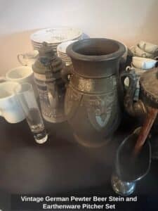 Vintage-German-Pewter-Beer-Stein-and-Earthenware-Pitcher-Set
