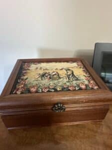 Vintage-Mele-Wooden-Jewelry-Box-with-Tapestry-Panel