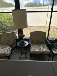 Vintage-Woodard-Wrought-Iron-Patio-Set-with-Floral-Upholstery-and-Brass-Lamp