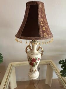 Vintage-Worrall-Porcelain-Table-Lamp-with-Floral-Motif-and-Beaded-Shade