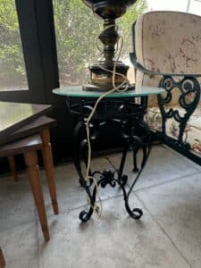 Wrought-Iron-and-Glass-Top-Accent-Table-with-Spider-Accent-and-Brass-Urn-Lamp