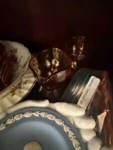 Amber-Glass-Gravy-Boat-with-Saucer-and-Blue-Jasperware-Plate-with-Laurel-Wreath-Motif