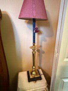 Brass-Candlestick-Table-Lamp-with-Pink-Silk-Shade-and-Blue-Candle-Element