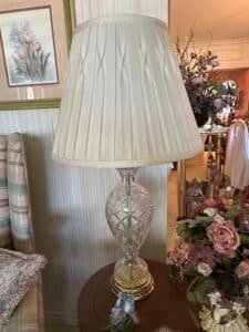 Cut-Crystal-Table-Lamp-with-Brass-Base-and-Pleated-Shade