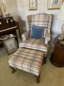 Drexel-Heritage-Wingback-Armchair-and-Ottoman-Set-with-Plaid-Upholstery