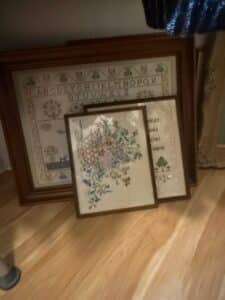 Framed-Cross-Stitch-Sampler-and-Floral-Bouquet