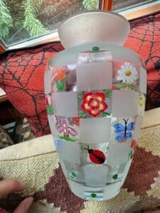 Hand-Painted-Frosted-Glass-Vase-with-Checkerboard-Floral-and-Butterfly-Motifs-Signed-P.K.P
