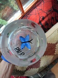 Hand-Painted-Frosted-Glass-Vase-with-Checkerboard-Floral-and-Butterfly-Motifs-Signed-P.K.P.-second-image