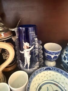 Mary-Gregory-Cobalt-Blue-Glass-Stein-with-Figural-Scene-and-Willow-Pattern-Porcelain-Bowl