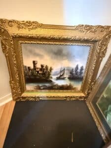 Ornate-Gilded-Frame-with-Castle-and-Sailboat-Oil-Painting