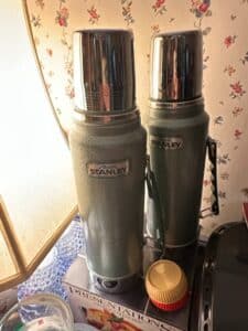 Pair-of-Vintage-Stanley-Aladdin-Hammertone-Green-Thermoses