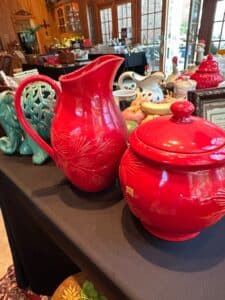 Red-Ceramic-Pitcher-and-Covered-Jar-with-Pinecone-and-Pine-Needle-Motif