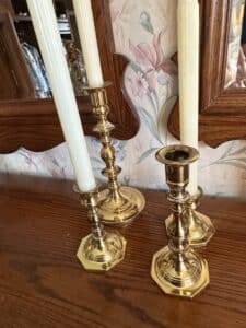 Set-of-Four-Baldwin-Brass-Candlestick-Holders-with-Taper-Candles