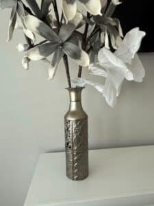 Silver-Metal-Embossed-and-Cut-Out-Filigree-Vase-with-Faux-Flowers