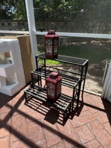 Tiered-Metal-Plant-Stand-with-Red-Lanterns