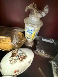 Victorian-Style-Frosted-Glass-Ewer-with-Hand-Painted-Floral-Motifs-and-Children-or-Bunny-Figurine-Egg-Box