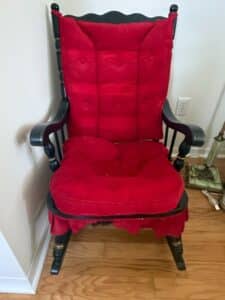 Vintage-Black-Spindle-Rocking-Chair-with-Red-Tufted-Corduroy-Upholstery