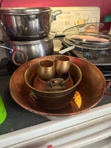 Vintage-Copper-Pot-with-Brass-Goblets-and-Punch-Bowl-Set