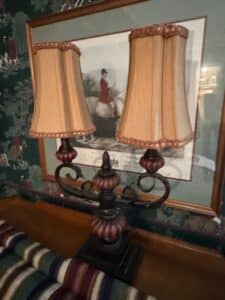 Vintage-Double-Arm-Table-Lamp-with-Bell-Shaped-Shades-and-Ornate-Scrollwork