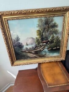 Vintage-Dutch-Landscape-Oil-Painting-with-Watermill-and-Sailboat