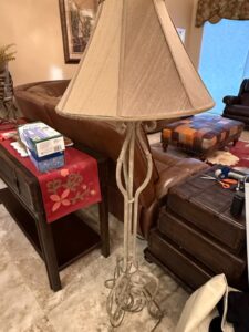Vintage-Wrought-Iron-Floor-Lamp-with-Scrolled-Base-and-Fabric-Shade