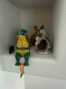 Whimsical-Figurine-Grouping-Fishing-Turtle-Rabbit-with-Bird-and-Black-Cat