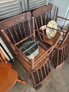 Antique-Spindle-Back-Chairs-with-Rooster-Clock