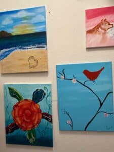 Assorted-Acrylic-Paintings-Sea-Turtle-Beach-Sunset-Bird-and-Fox-or-Wolf-1