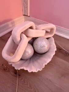 Decorative-Chain-Link-Sculpture-with-Mosaic-Spheres-in-Shell-Bowl-1