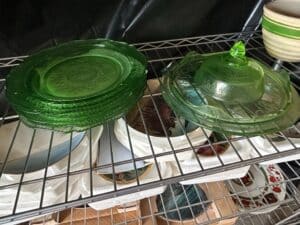 Federal-Glass-Patrician-Green-Depression-Glass-Plates-and-Covered-Dish