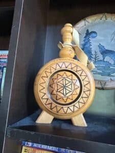 Folk-Art-Hand-Carved-Wooden-Flask-with-Geometric-Design