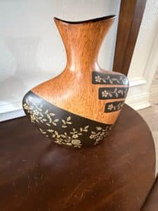 Mid-Century-Modern-Faux-Wood-Ceramic-Vase-with-Etched-Floral-Design-1