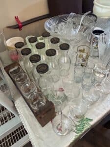 Vintage-Glass-Milk-Bottles-with-Lids-Cut-Glass-Punch-Bowl-Set-and-Assorted-Drinking-Glasses