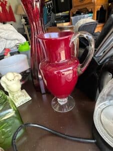 Vintage-Ruby-Red-Glass-Pitcher-with-Clear-Pedestal-and-Handle