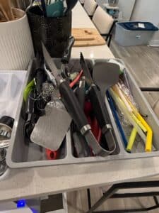 Mixed-Kitchen-Utensil-Lot-with-Gray-Plastic-Drawer-Organizer