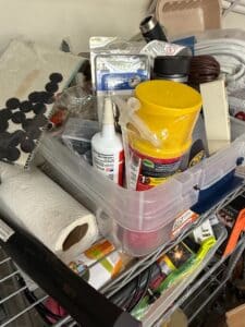 Assorted-Household-Maintenance-and-Hardware-Lot-in-Clear-Storage-Bin