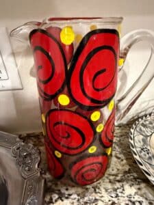 Hand-Painted-Glass-Pitcher-with-Red-Swirls-and-Yellow-Polka-Dots