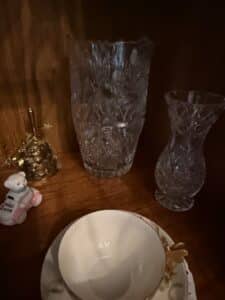 Group-of-Assorted-Decorative-Glass-and-Porcelain-including-Crystal-Vases-Bell-Figurine-and-Teacup-Set