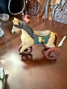 Vintage-Hand-Carved-Wooden-Horse-Tricycle-Pull-Toy