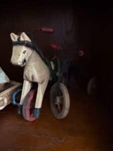 Vintage-Hand-Carved-Wooden-Horse-Tricycle-Toy