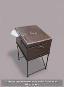 Antique-Wooden-Box-with-Metal-Accents-on-Metal-Stand