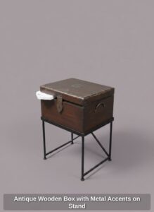 Antique-Wooden-Box-with-Metal-Accents-on-Stand