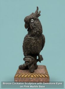 Bronze-Cockatoo-Sculpture-with-Gemstone-Eyes-on-Pink-Marble-Base-second-image